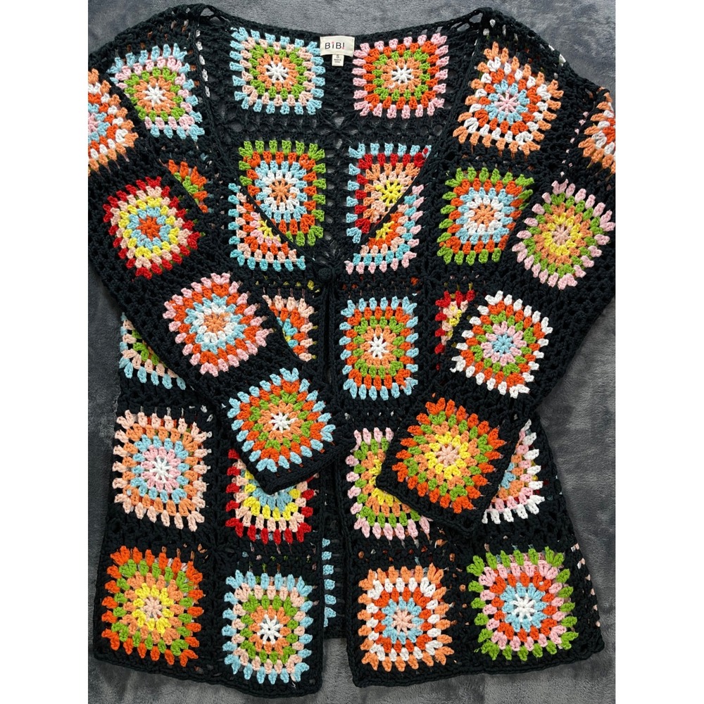 BiBi Crochet Granny Square Top Black Colorful Patchwork Sweater Womens Small